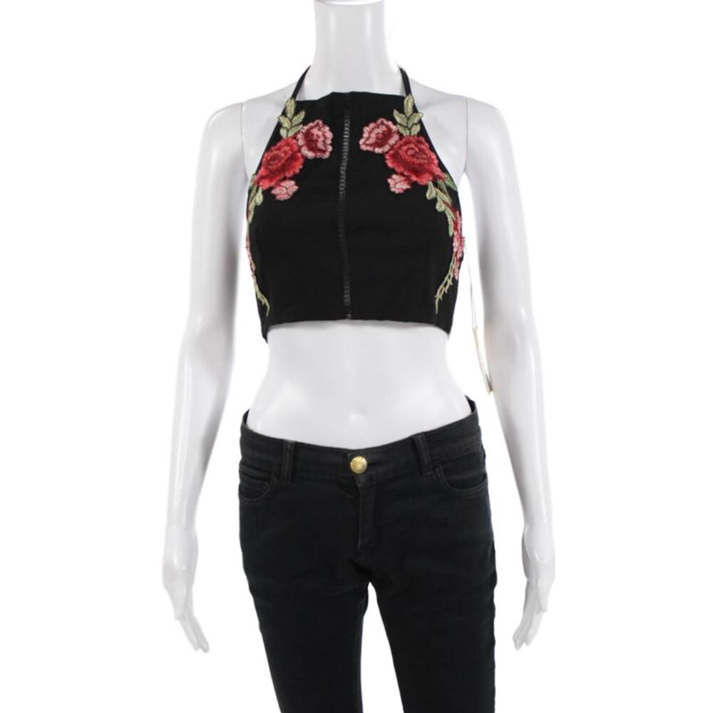 Gab kate Women Cropped Black Rose Floral High Neck Tie Tank Size M